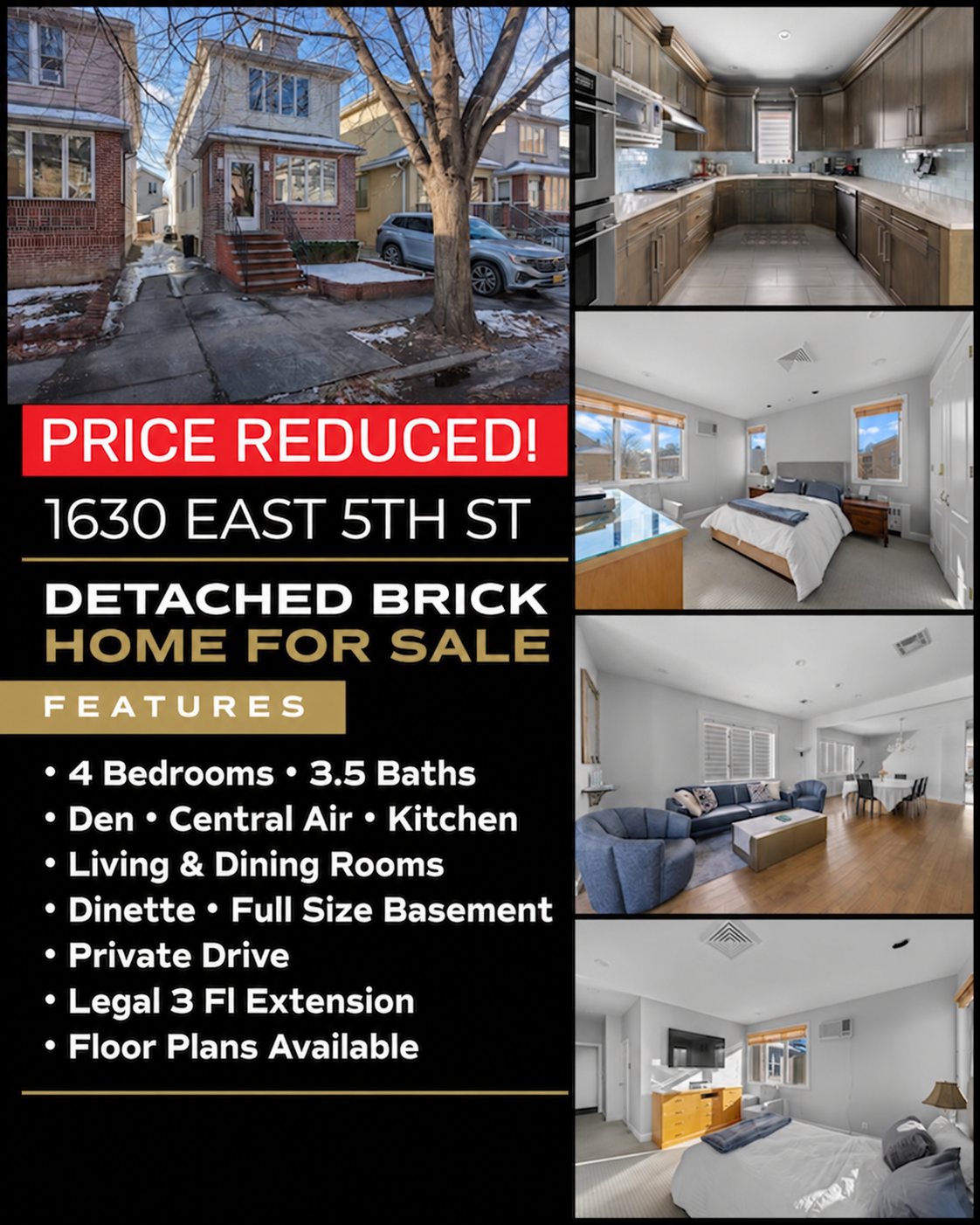 Supplied flyer for 1630 East 5th Street with broker contact panel removed; exterior, kitchen, bedrooms and living-area photographs.